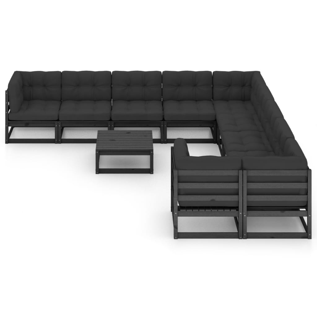 11-tlg. Garten-Lounge-Set mit Kissen Schwarz Massivholz Kiefer